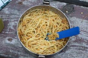 My camp dinner staple - pasta, lentils and some sort of pesto-like sauce mix
